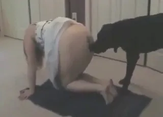 Submissive housewife with black dog inside